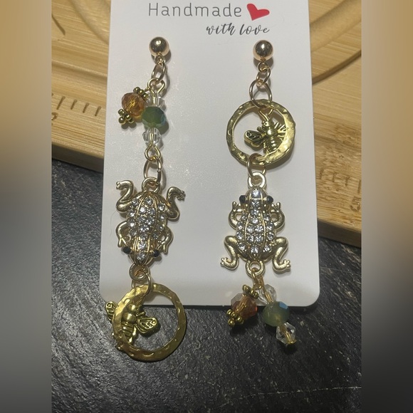 Hand Crafted Jewelry - Gold Frog and Bee Dangle Earrings